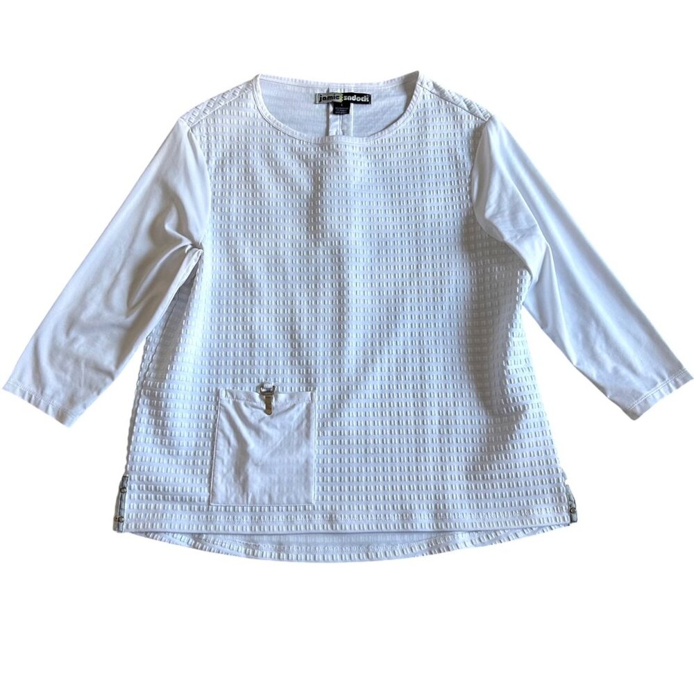 Jamie Sadock Women's Sz Size L Textured White 3/4 Sleeve Top W/ Pocket Accent